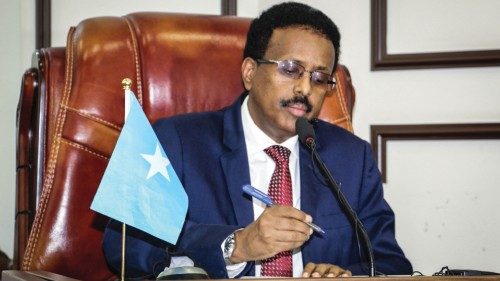 Somalia's President Mohamed Abdullahi Mohamed, commonly known by his nickname of Farmajo, attends ...