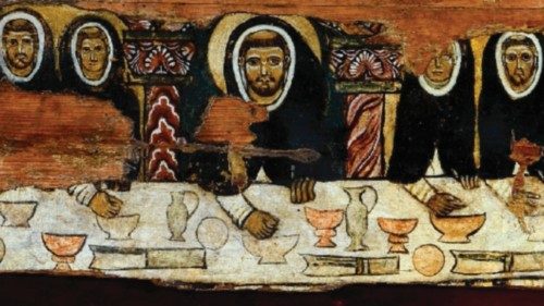 «San Domenico a tavola con i suoi frati» (metà del xiii secolo, chiesa di Santa Maria della Mascarella a Bologna: è la prima raffigurazione documentata  del santo