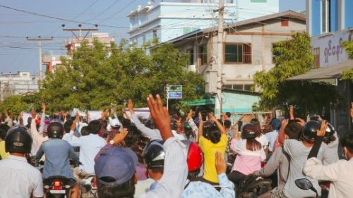 People protest in Mandalay, Myanmar in this picture obtained from social media dated May 16, 2021. ...