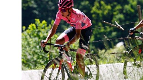 Overall leader Team Ineos rider Colombia's Egan Bernal (L) rides through the Passo di San Valentino ... Overall leader Team Ineos rider Colombia's Egan Bernal (L) rides through the Passo di San Valentino ...