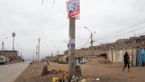 A dog stands underneath a campaign poster of presidential candidate Keiko Fujimori and the writing ...