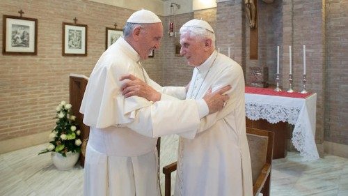In this photo taken on June 28, 2017, Pope Francis embraces Emeritus Pope Benedict XVI, at the ... In this photo taken on June 28, 2017, Pope Francis embraces Emeritus Pope Benedict XVI, at the ...