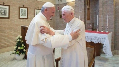 In this photo taken on June 28, 2017, Pope Francis embraces Emeritus Pope Benedict XVI, at the ...