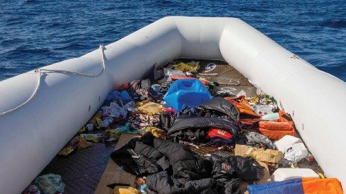 Picture shows an empty inflatable boat following the rescue of about 90 migrants by the Spanish NGO ... Picture shows an empty inflatable boat following the rescue of about 90 migrants by the Spanish NGO ...