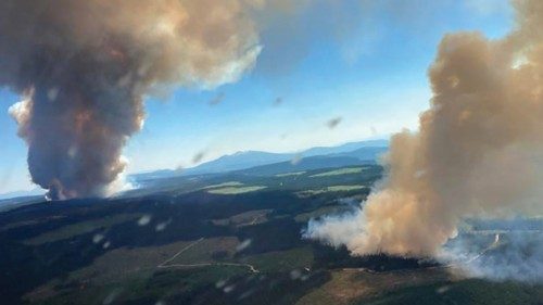 This handout photo courtesy of BC Wildfire Service shows two plumes of smoke from the Long Loch ...
