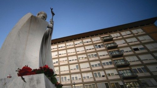 The statue of Pope Jean-Paul II (1920-2005) is seen outside the Policlinico A. Gemelli Hospital ...