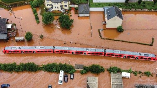 An aerial photo taken on July 15, 2021 shows a regional train standing in the train station of the ...