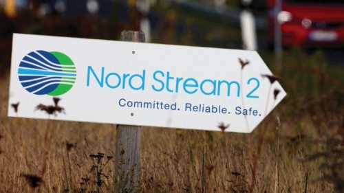 FILE PHOTO: A road sign directs traffic towards the Nord Stream 2 gas line landfall facility ...