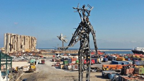 Drone view of 'The Gesture', a 25- meter sculpture by Lebanese architect Nadim Karam to commemorate ...