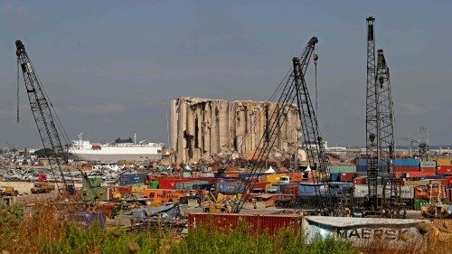 TOPSHOT - A general view shows the damaged grain silos at the port on August 4, 2021, as Lebanon ...