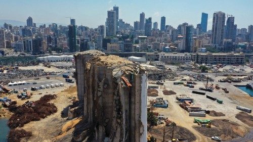 A picture taken with a drone shows a general view of the site of the Aug. 4, 2020 explosion in ...