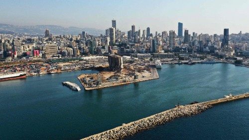 This picture taken on August 4, 2021 shows a view of the damaged grain silos at the port of ...