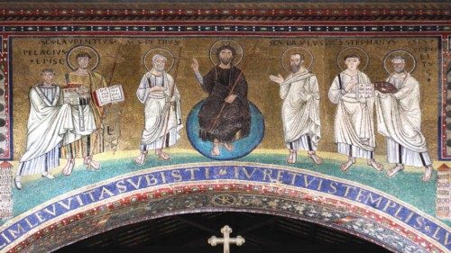 Byzantine mosaic on the east side of the triumphal arch, which was over the (now-destroyed) apse at ... Byzantine mosaic on the east side of the triumphal arch, which was over the (now-destroyed) apse at ...
