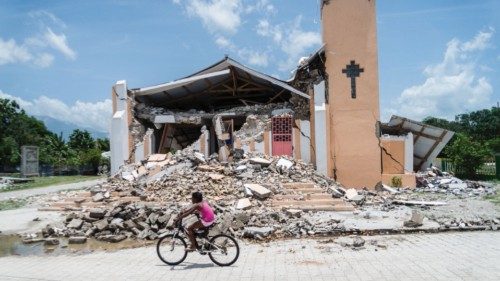 The Church St Anne is seen completely destroyed by the earthquake in Chardonnieres, Haiti on August ...