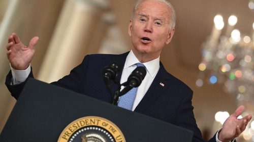 US President Joe Biden speaks on ending the war in Afghanistan in the State Dining Room at the White ...