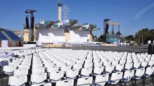 A general view shows at the Heroes square in Budapest on September 9, 2021, the venue of the Holy ...