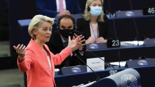European Commission President Ursula von der Leyen delivers a speech during a debate on 'The State ...