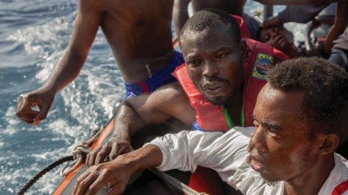 Migrants are rescued by members of German NGO Sea-Watch in the Mediterranean Sea on November 6, ...