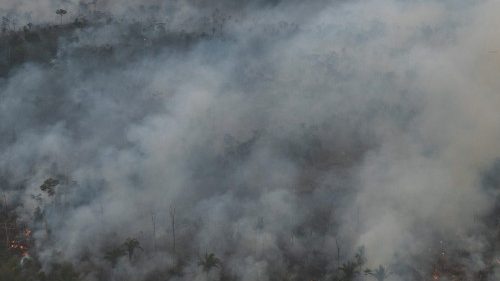 Smoke rises from an illegally lit fire in the Amazon rainforest in Brazil, on September 15, 2021. ...