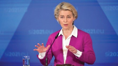 European Commission President Ursula von der Leyen gestures as she delivers a speech during a press ...