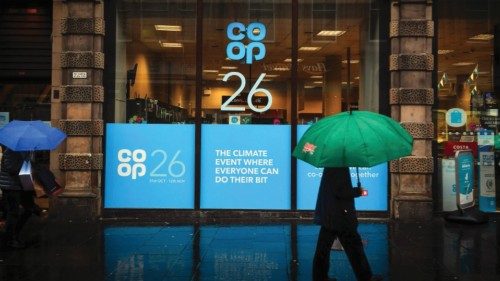 A Co-op store is rebranded for COP26 in Glasgow on October 29, 2021 ahead of the start of the ... A Co-op store is rebranded for COP26 in Glasgow on October 29, 2021 ahead of the start of the ...