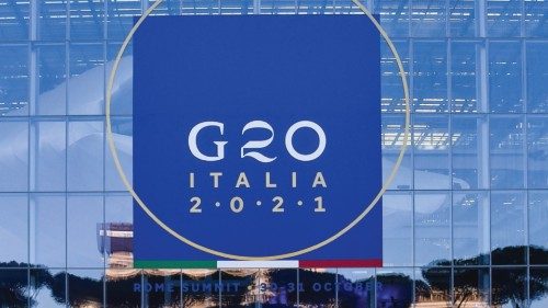 A general view shows the G20 Italia 2021 logo on the facade of the convention center "La Nuvola" in ...