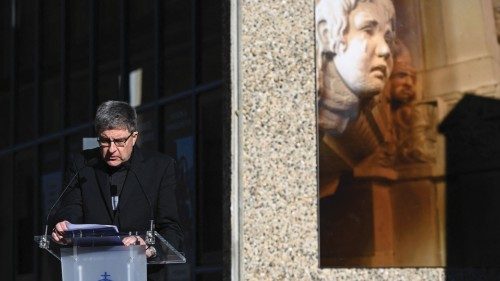 Archibshop of Reims Eric de Moulins-Beaufort speaks past an artwork, made by a victim, dedicated to ... Archibshop of Reims Eric de Moulins-Beaufort speaks past an artwork, made by a victim, dedicated to ...