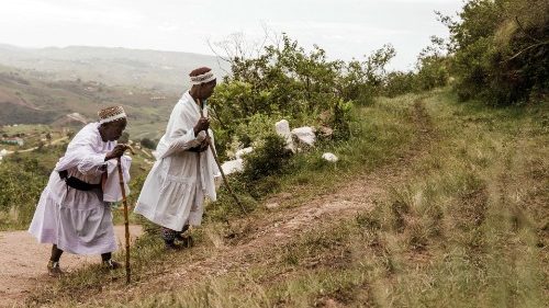 Two elderly followers of the Nazareth Baptist Church from the Ekuphakameni group also known as the ...