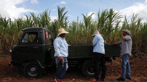 FILE PHOTO: Men stand next to a sugar cane field as they await the caravan carrying Cuba's late ...