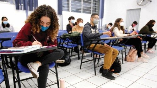 Students are seen at the Universidad de Guadalajara as in-person learning returns after being halted ...