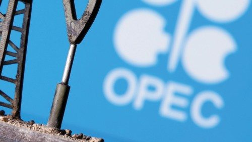 FILE PHOTO: A 3D printed oil pump jack is seen in front of displayed OPEC logo in this illustration ...