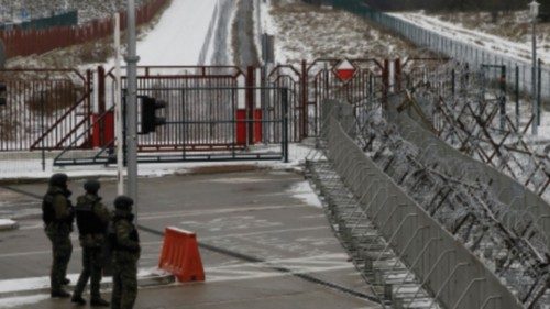 FILE PHOTO: Polish border guards on patrol at the Kuznica-Bruzgi checkpoint on the Polish-Belarusian ...