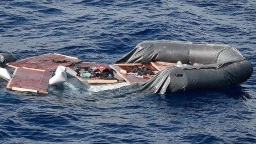 TOPSHOT - A deflated rubber boat in seen at the sea, after the Libyan Coast Guard intercepted ...