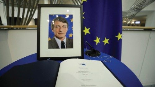 epaselect epa09678421 A small desk with a condolence book for late European Parliament President ...