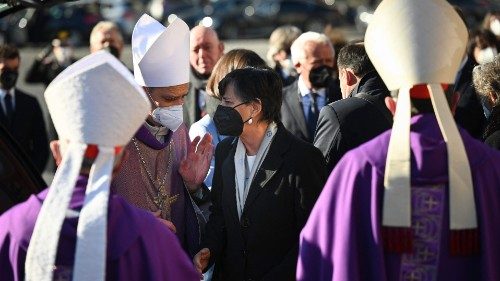 Italian Cardinal Don Matteo Zuppi (C-L) speaks with the wife of late European Parliament speaker ...