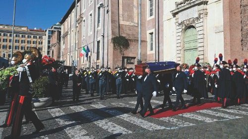 Pallbearers carry the casket of late European Parliament speaker David Sassoli, draped in the flag ...
