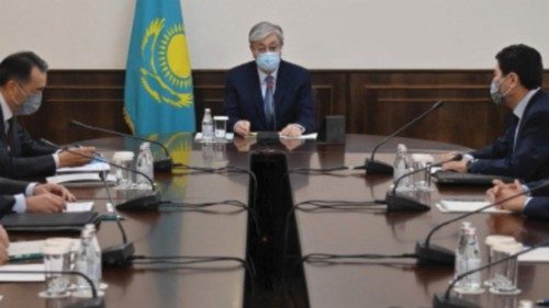 Kazakh President Kassym-Jomart Tokayev chairs a meeting of the emergency operations centre following ...
