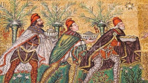 Mosaic three magi on wall of cathedral Sant Apollinare Nuovo. This Arian church was dedicated in 504 ... Mosaic three magi on wall of cathedral Sant Apollinare Nuovo. This Arian church was dedicated in 504 ...