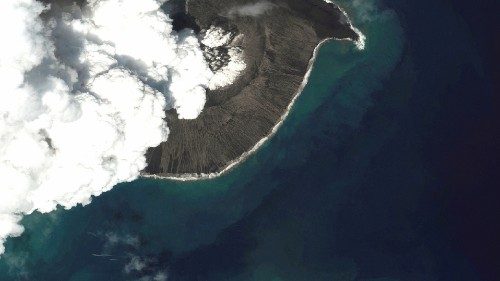 A satellite image shows the Hunga Tonga-Hunga Ha'apai volcano before its main eruption, in ...