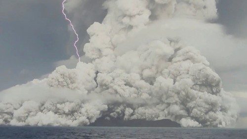 An eruption occurs at the underwater volcano Hunga Tonga-Hunga Ha'apai off Tonga, January 14, 2022 ...