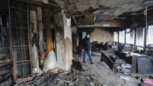 A view shows the office of Mir TV channel, which was vandalized and set on fire during recent ...