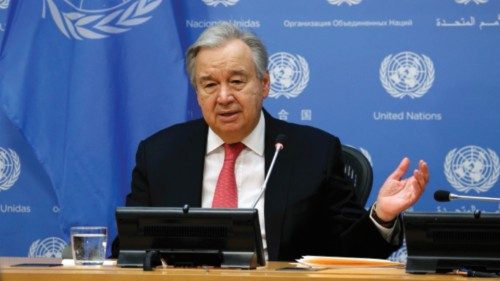 epa09700670 United Nations Secretary General Antonio Guterres holds a press conference to announce ...