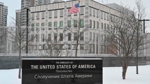 A photograph shows the US Embassy building in Kyiv, on January 24, 2022 - Ukraine on January 24 said ...