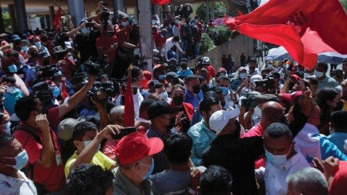 Supporters of Honduran President-elect Xiomara Castro take part in a demonstration outside the ...