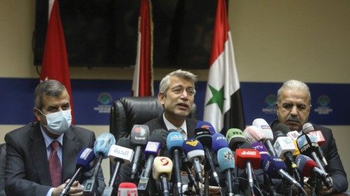 Lebanon's Energy Minister Walid Fayad attends a news conference with Syria's Electricity Minister ...