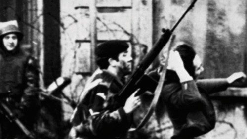 (FILES) In this file photo taken on January 30, 1972 a British soldier drags a Catholic protester ...