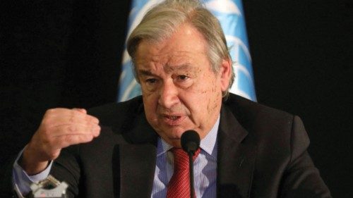 FILE PHOTO: United Nations Secretary-General Antonio Guterres gestures as he attends a news ...