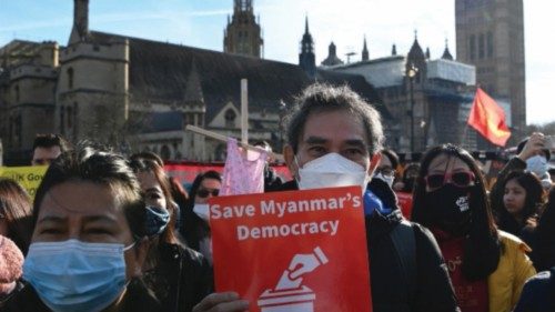 epa09721069 Myanmarese people protest against the military dictatorship in Myanmar outside ...