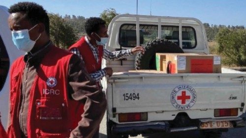 Workers from the International Committee of the Red Cross (ICRC) deliver lifesaving medical supplies ...