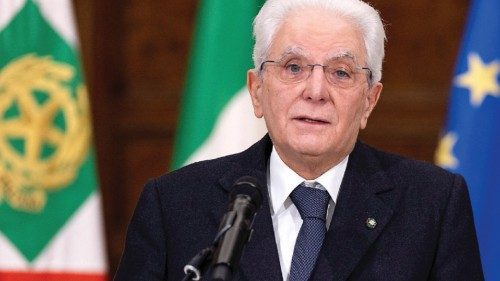 Italian President Sergio Mattarella gives a speech after being re-elected by lawmakers for a second ...